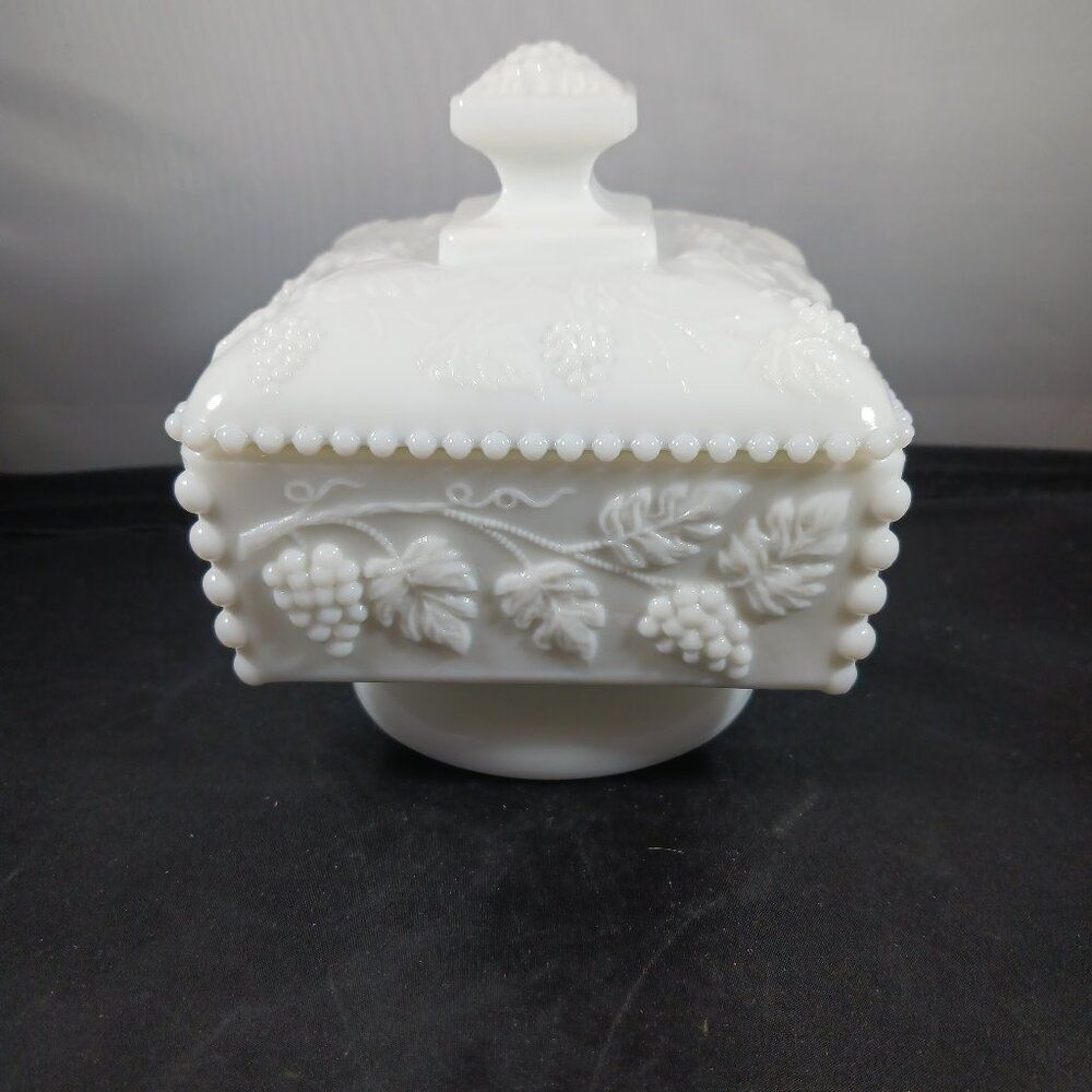 Westmoreland Milk Glass Beaded Grape Design Footed Candy Dish With Lid